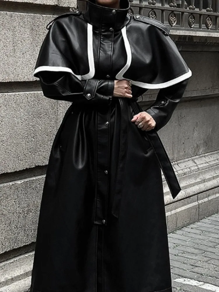 High-end cor blo casaco de couro do plutônio feminino longo sobre o joelho inverno novo sle commute padrão jaet fem outerwear