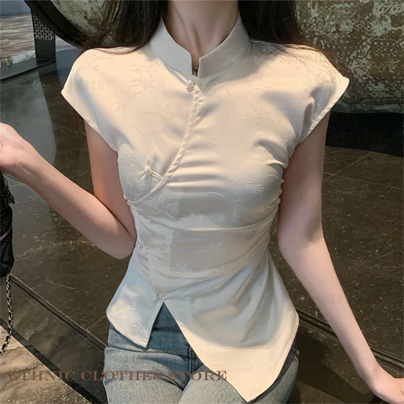 موضة جديدة النمط الصيني قميص علوي كلاسيكي الجاكار تانغ نمط تشيباو شيونغسام بلوزة الملابس الصينية التقليدية قميص الصيف