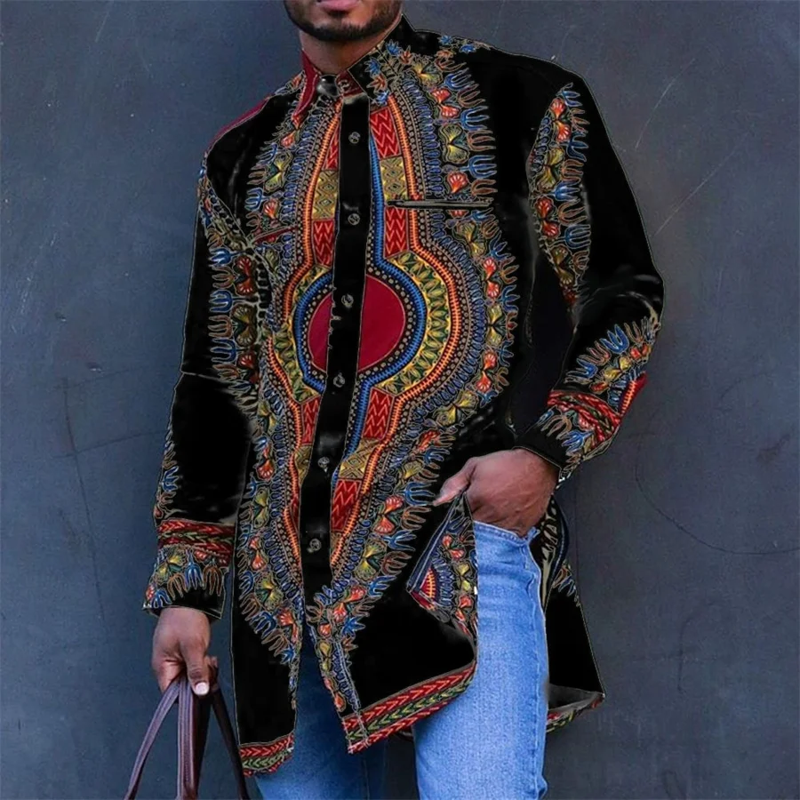 Abbigliamento da uomo africano Top con stampa etnica Abbigliamento da sposa Camicie classiche da uomo a maniche lunghe con colletto alla coreana Camicie lunghe casual tradizionali