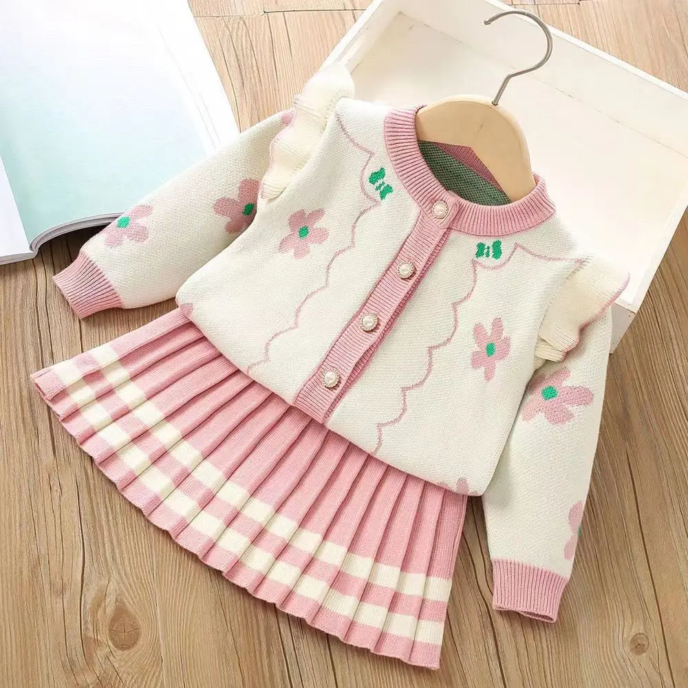 Girls Sweater Set 2023 Autumn/Winter New Korean Edition Fashionable Flower Knitted Pleated Skirt Princess Dress Two Piece Set