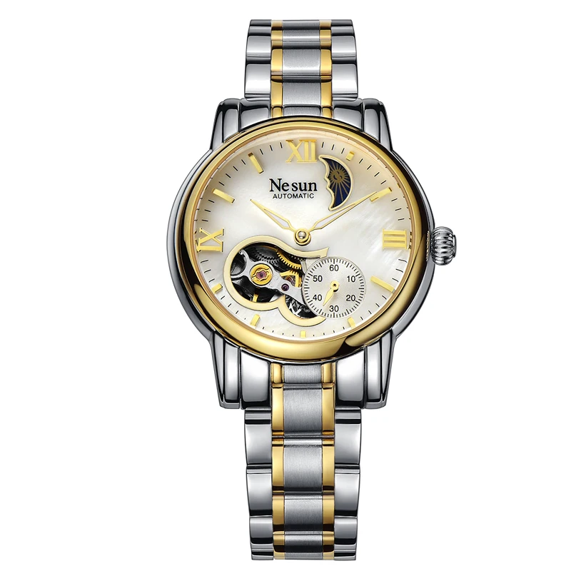 Switzerland Luxury Brand NESUN Hollow Automatic Mechanical Women's Watche Stainless Steel Clock Moon Phase Waterproof N9061-1