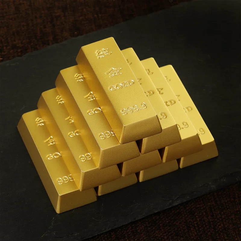 1pcs Brass Gold Bar Replica Decorative Feng Shui Wealth Ingot Ornament Mini Fake Gold Bullion Paperweight Home Decor Lucky Craft