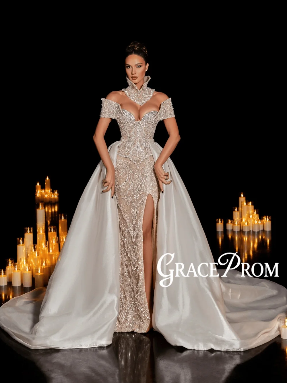 

New Detachable Train Opulent Evening Dress Shimmering Beaded Crystal Wedding Dresses Customized Chic Off Shoulder Banquet Gown