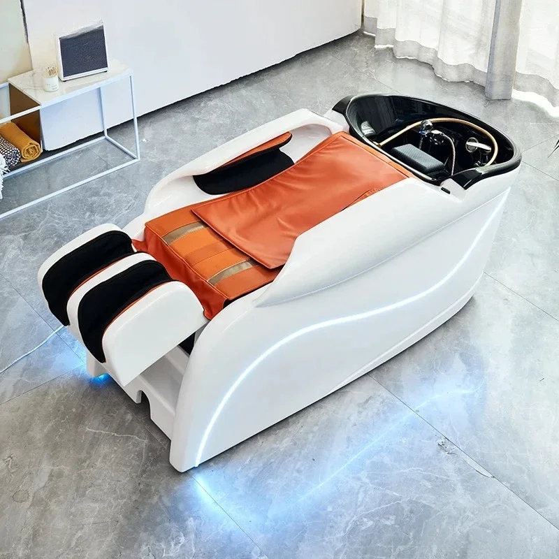 LED Shampoo Recliner With Orange Cushion And Adjustable Footrest Wash Station