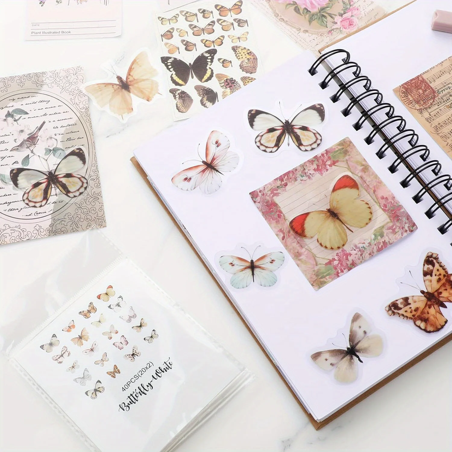 40 Pcs Butterfly Sticker Small Butterflies Stickers Set Decals Transparent Waterproof White Vintage Scrapbooking Journaling