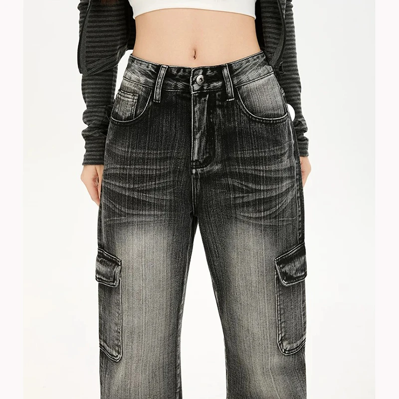 Y2K Micro Flared Jeans Women Black Gray Textured Workwear Pants Loose Non Stick Leg Autumn Hot Girls New