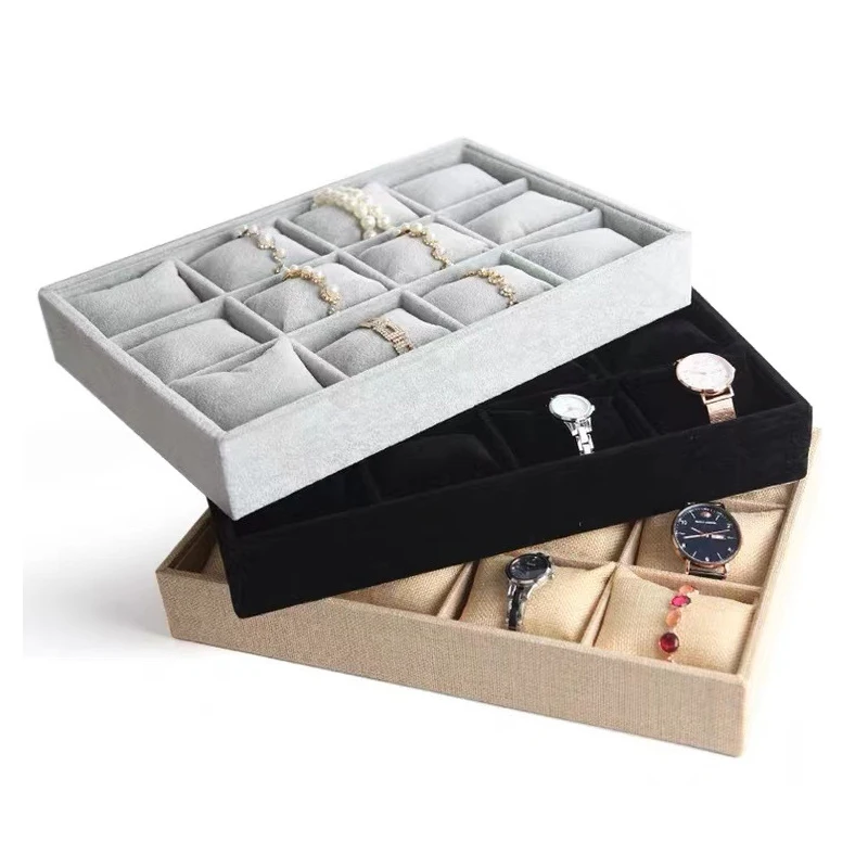 Velvet 12 Grid Stackable Jewelry Organizer with Adjustable Pillow,Watch Bracelet Bangle Necklace Display Tray for Store Counter