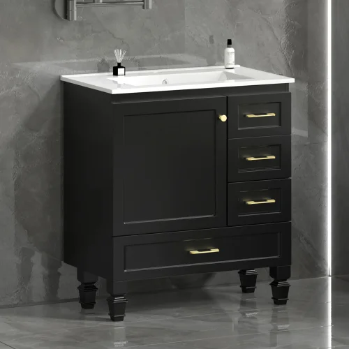 30 black bathroom vanity. Plenty of lockers - 1 slow-closing door and 3 drawers