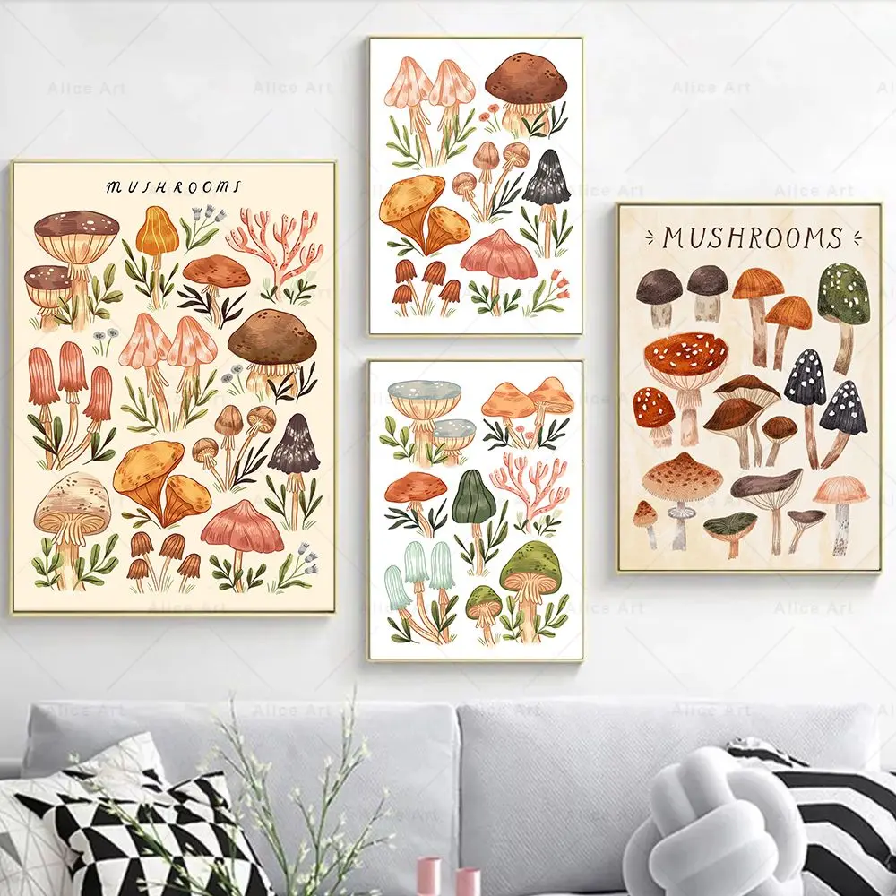 Vintage Mushroom Girl Poster Botanical Art Education Wall Art Canvas Painting Cartoon Fungi Picture Prints Kids Room Home Decor