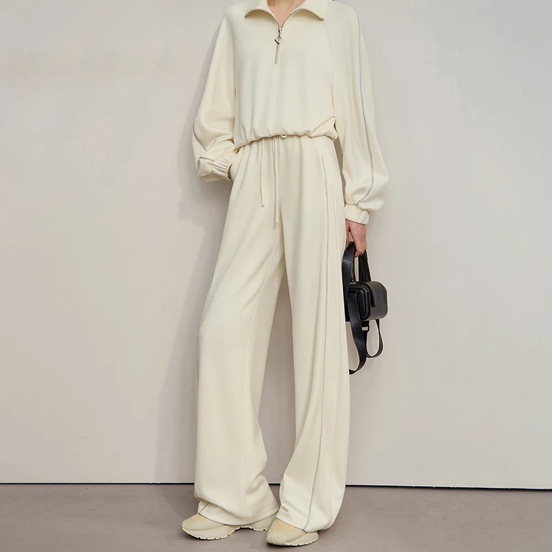 AMII Turtleneck Sweatshirt 2025 Autumn New Loose Knitted Long Sleeves Sweater Pant Solid Color Casual Wide Leg Trousers 12553064