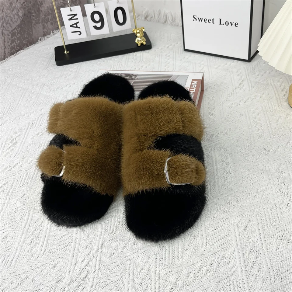 New Real Mink Fur Slippers Women Fuzzy Warm Plush Home Slippers Woman Fur Fluffy Slide Open Toe RCH Support Adjustable Slippers