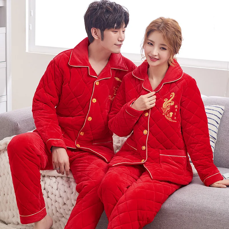 Winter Festival Red Flannel Quilted Pyjamas Couples 3 Layer Thick Warm Coral Velvet Quilted Jacket Men's Pajamas Pijamas Hombre