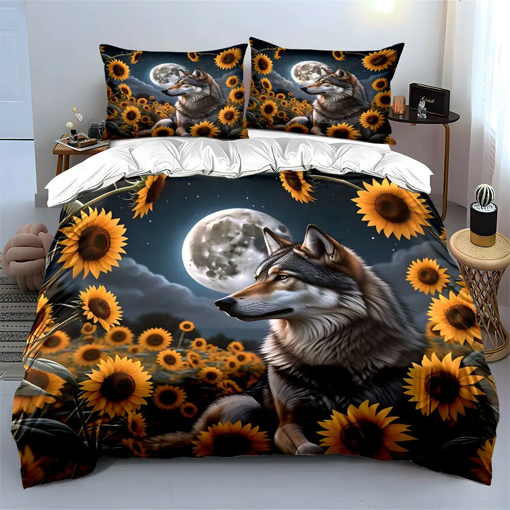 Wolf with Sunflowers and Full Moon Print Bedding Set 1 Duvet Cover 2 Pillowcases for Adult and Children Luxury Gift Full Size