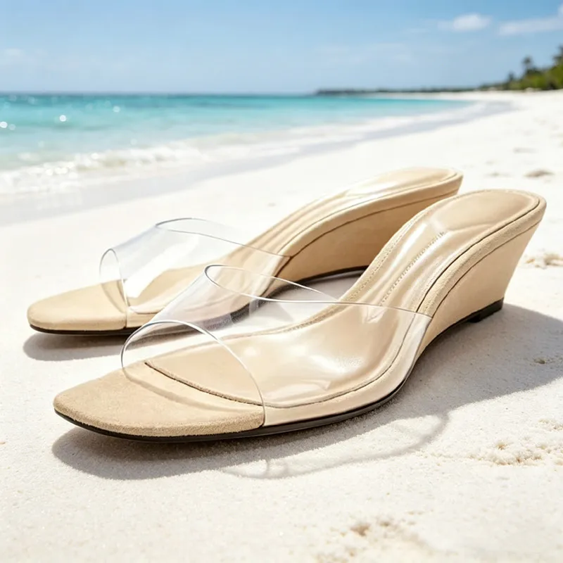 

High-quality Transparent PVC Wedges Sandals for Women Fashion Square Toe Design Slide Sandals Elegant Open-toe Heels Sandalias
