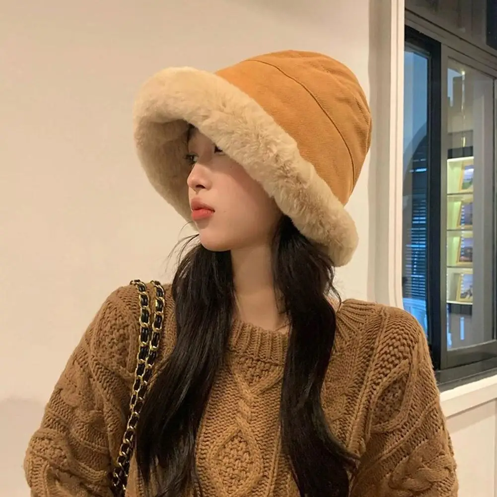 Women Winter Furry Bucket Hat Northern Ethnic Style Thick Plush Warm Fisherman Ear Protection Basin Windproof Warm Hat