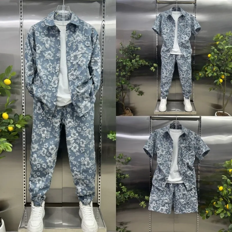 Summer's New Embossed Set, Embossed Thin Shirt Shorts Men's Lapel Short Sleeve Trendy High-end Casual Loose and Fashionable