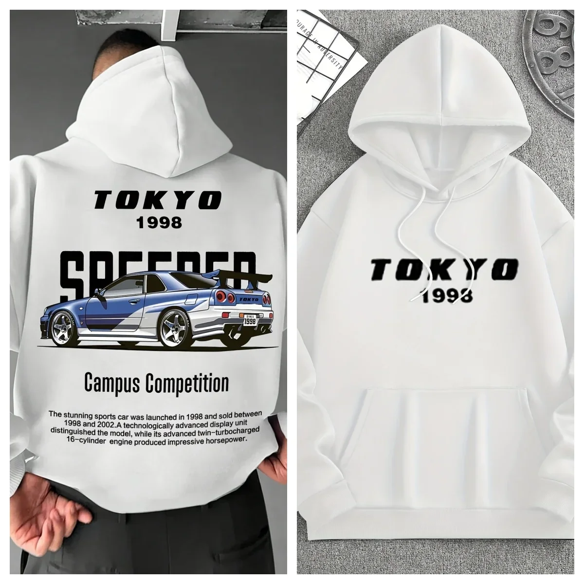 

High-quality Fashionable Autumn and Winter Car Printed Hooded Sweatshirt, Comfortable Loose Casual Classic Retro Sports Street