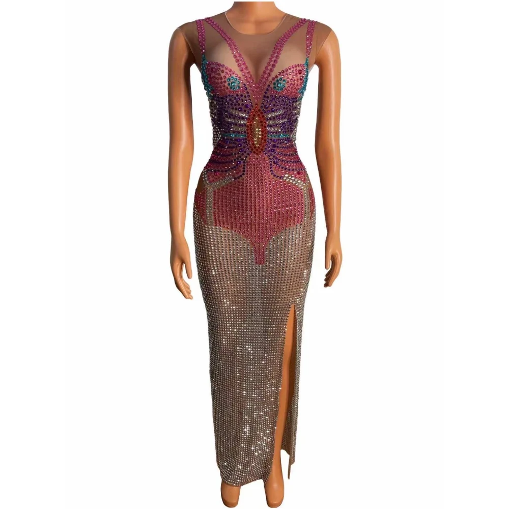 Glänzende Schmetterling Strass Ärmellose Sexy Frauen Split Kleid Abend Party Club Rave Kleidung Bühne Sängerin Kostüme