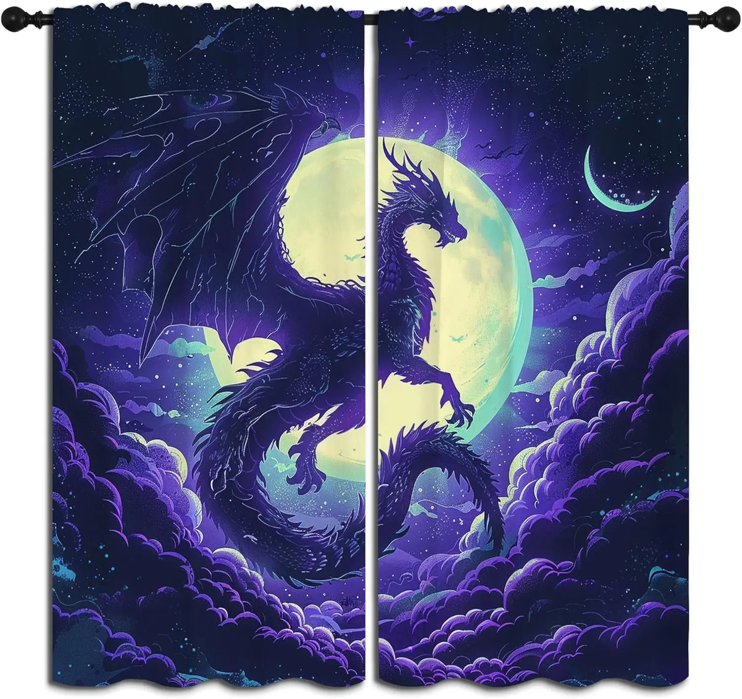 Purple Dragon Blackout Curtains for Boys Girl Bedroom Decor,Fantasy Creature Starry Night Scene Thermal Insulated Rod Pocket