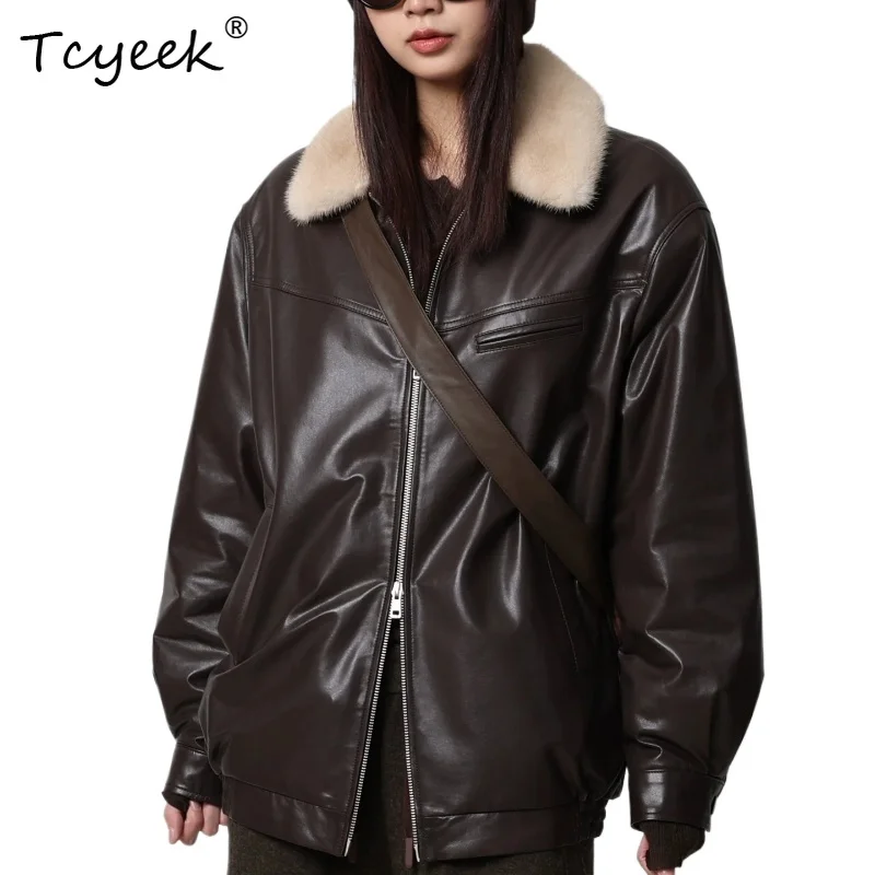 

Tcyeek Real Leather Jacket Women Winter Clothing Vintage Sheepskin Womens Coat Motorcycle Style Genuine Leather Coats Косуха