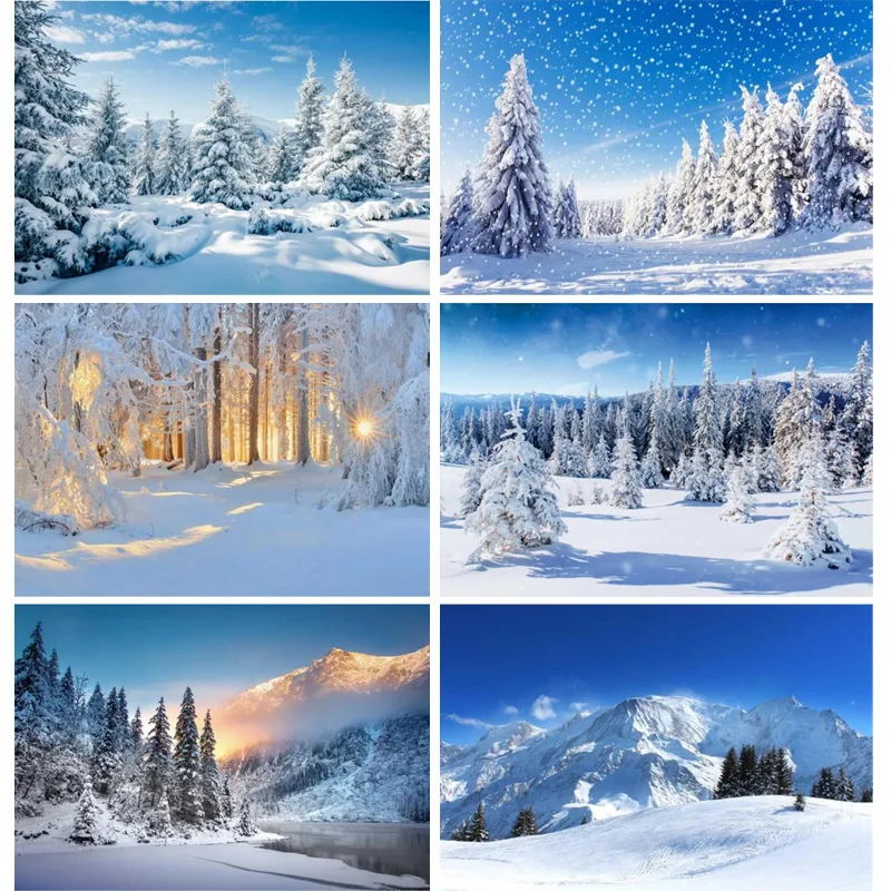 

Winter Landscape Pine Forest Photography Backdrops Mountain Snow Nature Background Christmas Day Clouds Sky Photo Props TW-02