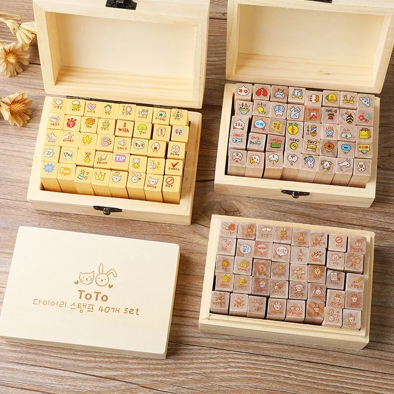 40Pcs Korean Mini Cute Rabbit Cat Cartoon Wooden Rubber Stamp Seal Box Set Diary Scrapbook Drawing Craft Art Decor DIY