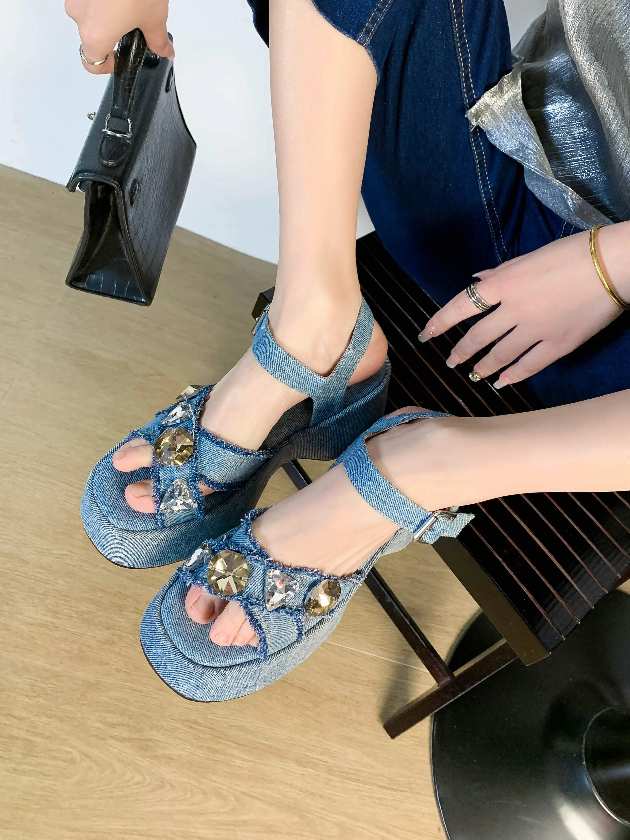Krazing Pot Denim Peep Toe Platform High Heels Dating Summer Shoe Slingback Luxury Comfort Rhinestone Sweet Casual Women Sandals view 6