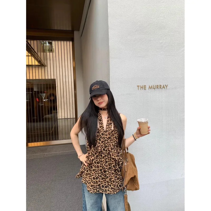 Y2K Leopard Print Camisole Top for Women with Choker Strap Ruffle Detail Sleeveless Blouse