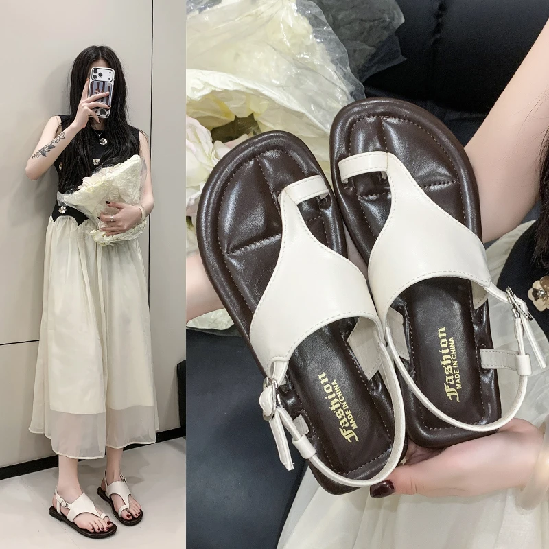 Sommermode Damen Thong Flache Sandalen mit Knöchelriemen, rutschfeste weiche Sohle, offene Zehenpartie, für den täglichen Gebrauch, Strand, Outdoor, Freizeit, Wanderschuhe