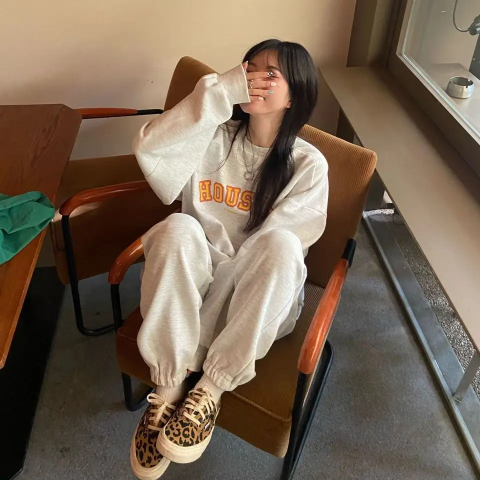 plus Size Hoodie Set Women's Casual Loose Fit Two Piece Suite Spring Autumn Fashion Retro Hong Kong Style Streetwear
