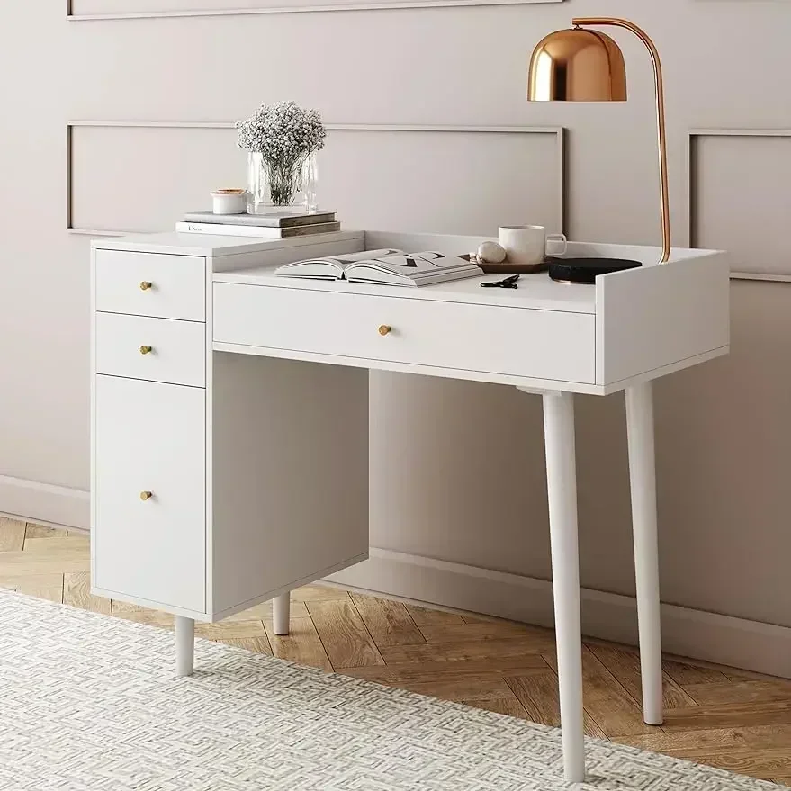 Nathan James Daisy Vanity Dressing Table or Makeup Desk with 4-Drawers and Brass Accent Knobs, White Wood