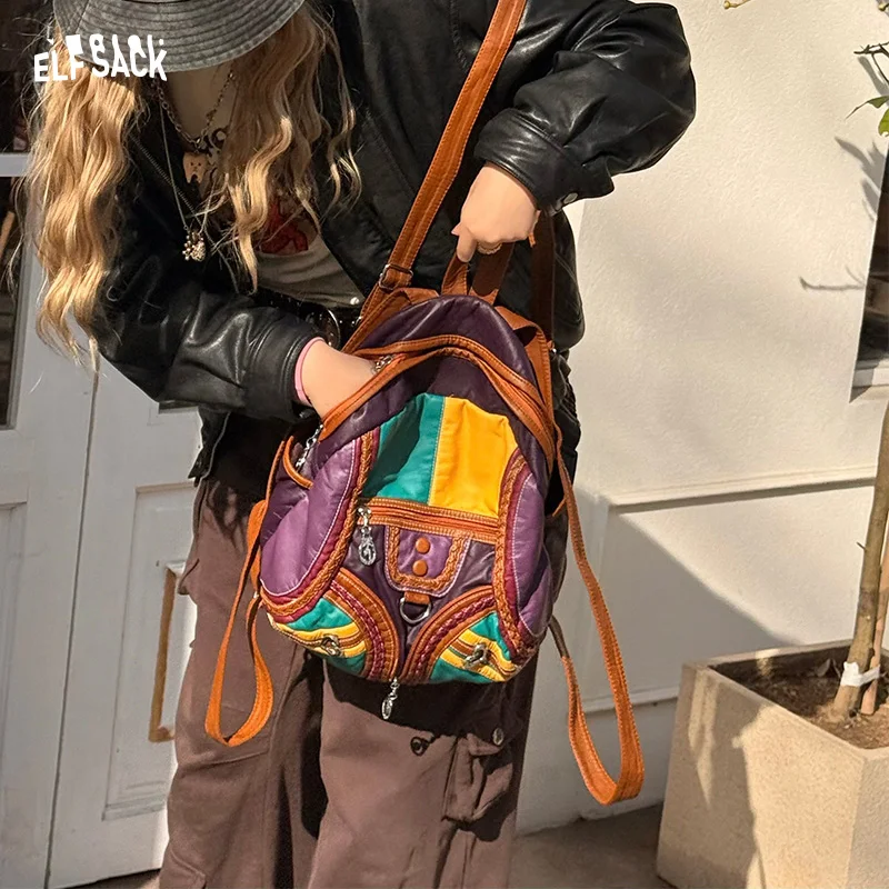 

Винтажный красочный кожаный рюкзак ELFSACK в стиле пэчворк, дорожная сумка в стиле бохо-панк с несколькими карманами
