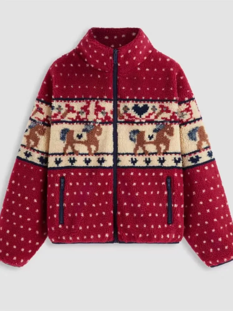 

Christmas Moose Print Women's Cotton Jacket Coat Autumn Winter New Style Casual Zipper Pocket Long-sleeved Warm Coat Female 2026