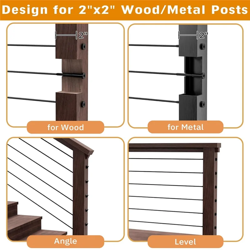 BAAJ-Kit Pagar Kabel Ujung Kancing Swage Penerima Tak Terlihat (Hitam)- 40 Pak 1/8 "T316 Baja Tahan Karat untuk Tiang Kayu/Logam 2" X 2"