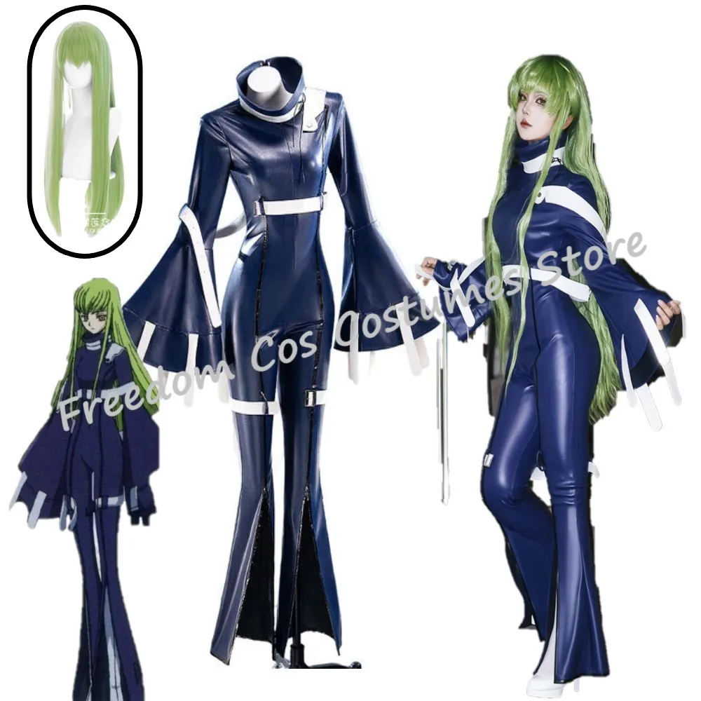 

Anime CODE GEASS Lelouch of The Rebellion C.C. Cosplay Costume Green Wig Woman Sexy Dark Blue Leather Bodysuit Costume Halloween
