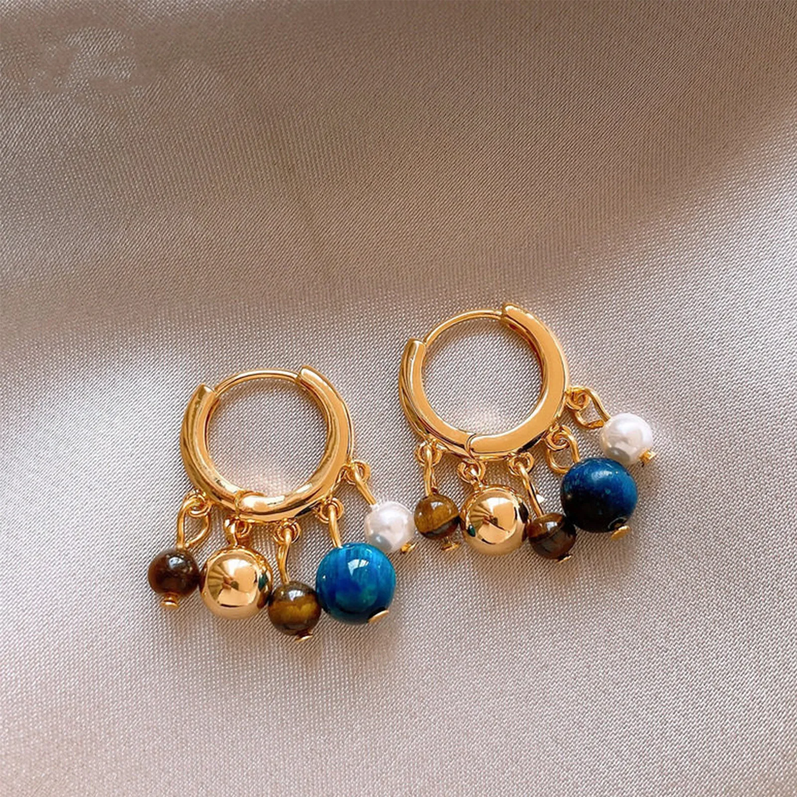 Vintage Tiger Eye Blue Pearl Beads Tassel Hoop Earrings for Women Exquisite Fashion Metal Geometric Ear Buckles Party Jewelry
