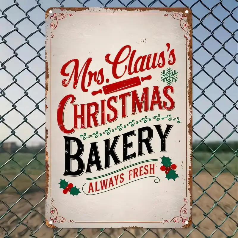Vintage Mrs. Claus Christmas Bakery Metal Tin Sign, Retro Rustic Design with Snowflake Holly, Iron Wall Decor for Home Kitchen,