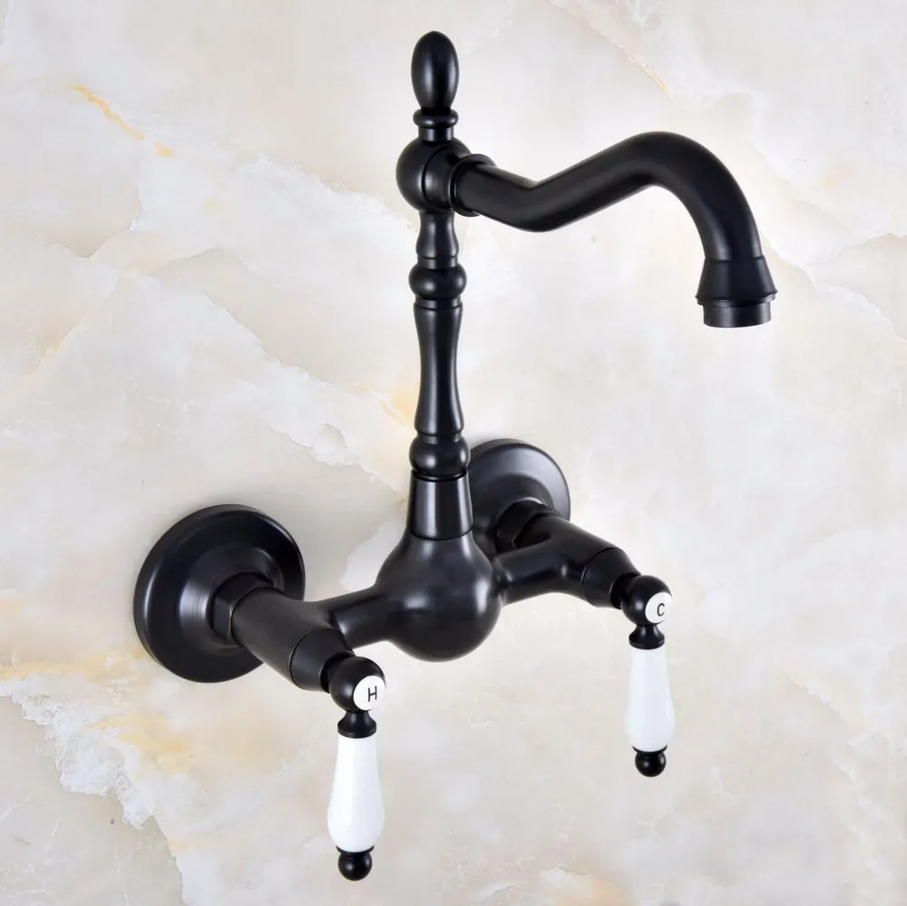 

Dual Handle Duals Hole Wall Mount Basin Faucet Oil Rubbed Bronze Bathroom Vanity Kitchen Sink Cold Hot Water Mixer Taps Dnf870