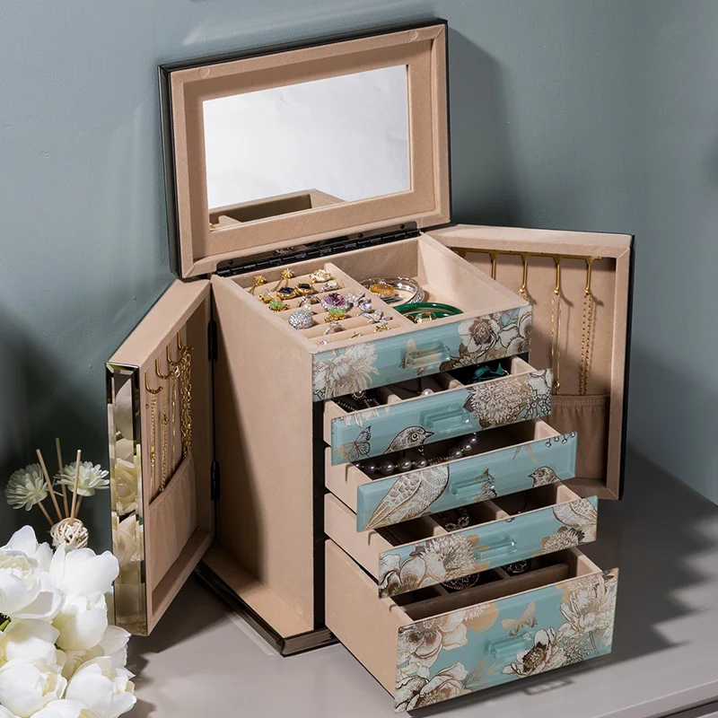 Exquisite Jewelry Organizer Storage Tempered Glass 5-Layer Big Jewelry Collection Box Mirrored Jewelry Accessory Display