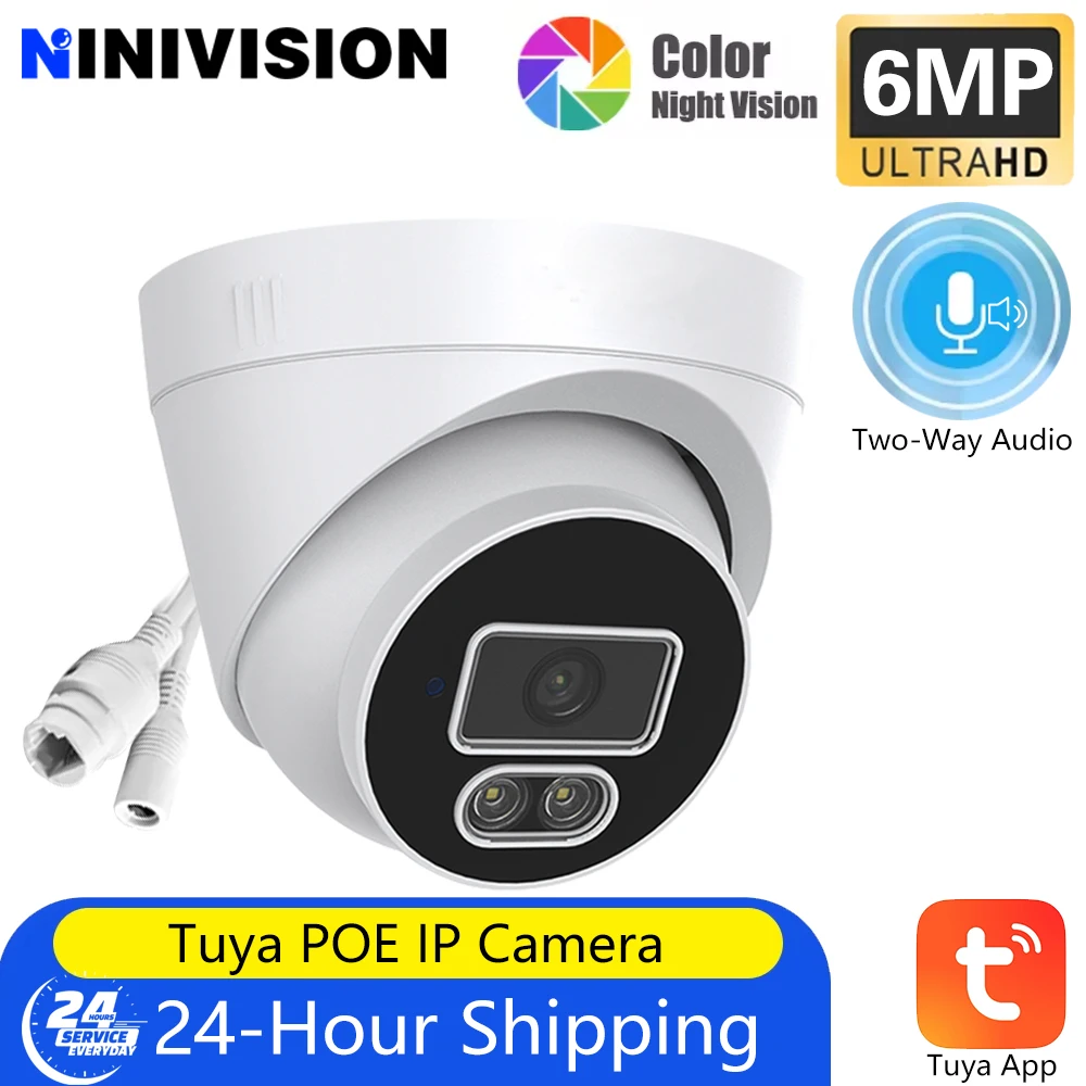 6MP TUYA POE Camera Celling 3.6mm Wide Angle Color Night Vision Two-Way Audio Wired Surveillance Camera For NVR Security System