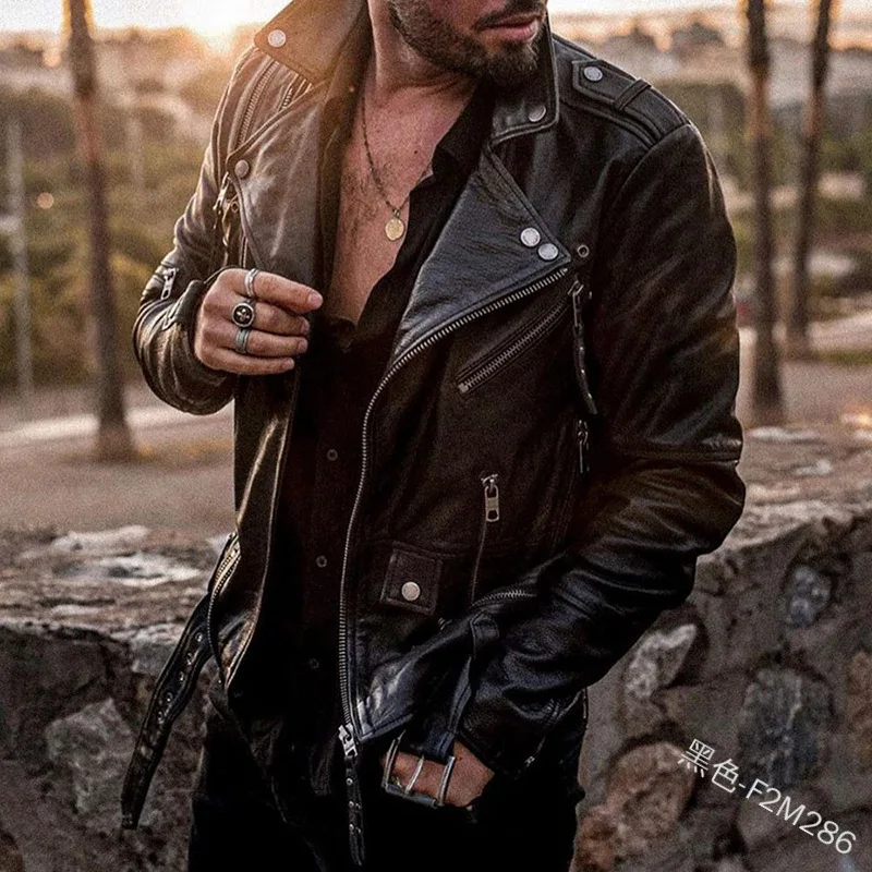 

Spring Autumn European Fashion Brand Leather Jackets Short Cool Black Leather Biker Jacket Men Zipper Long Sleeve Belt Plus Size