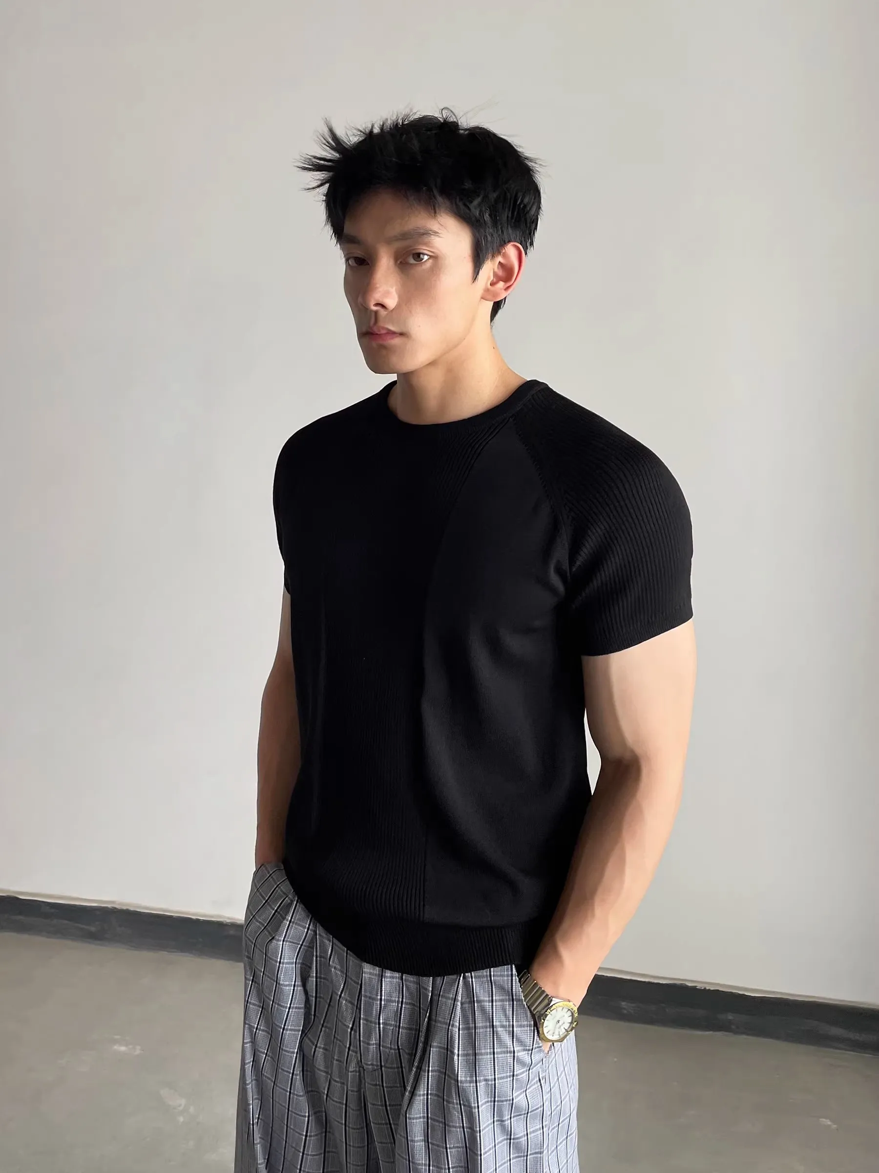 Slim Fit Knitted Short Sleeve Texture Sensation Fitness Top American Style Patchwork Design Breathable Youthful Summer T-Shirt