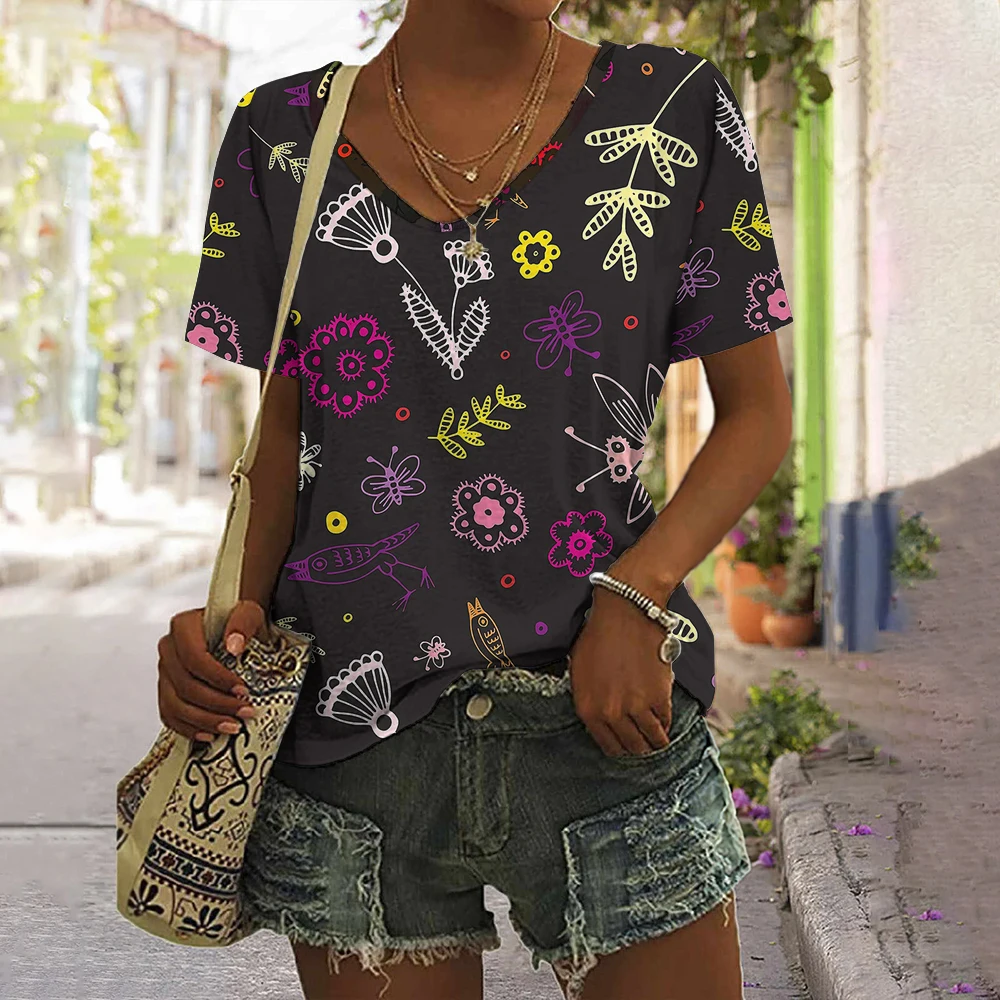 

Summer Women's Floral Print T-shirts Streetwear Loose V-Neck Short Sleeve Ladies Clothing