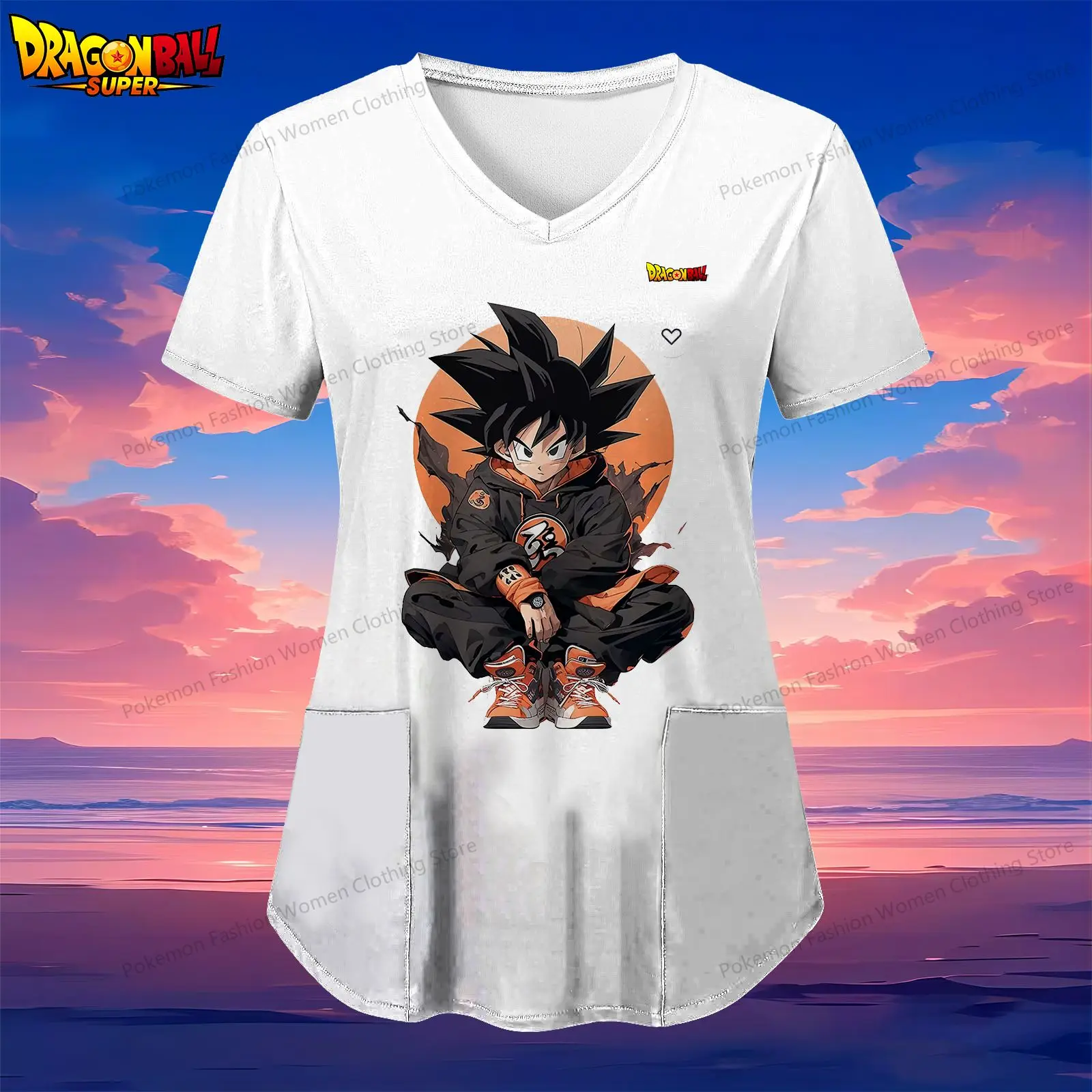 Dragon Ball Kakarotto Pocket Women's V Neck Nurse Uniform T-Shirt Woman Clothing Anime Kawaii 2024 Summer Clothes Tops S-2XL Y2k image 5
