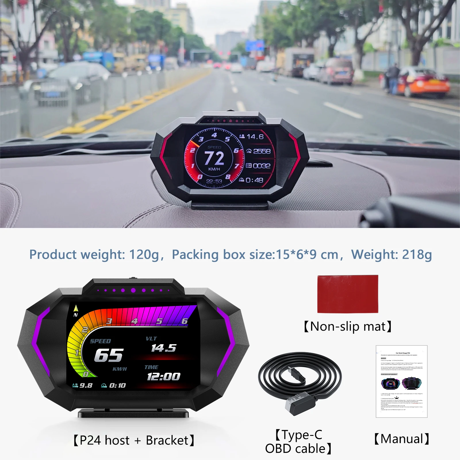 Tachimetro OBD + GPS Display Head Up per auto P24 HUD con 10 funzioni di allarme Contagiri Temperatura dell\'acqua Misuratore di pendenza del consumo