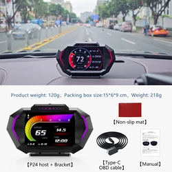 Tachimetro OBD + GPS Display Head Up per auto P24 HUD con 10 funzioni di allarme Contagiri Temperatura dell'acqua Misuratore di pendenza del consumo di carburante