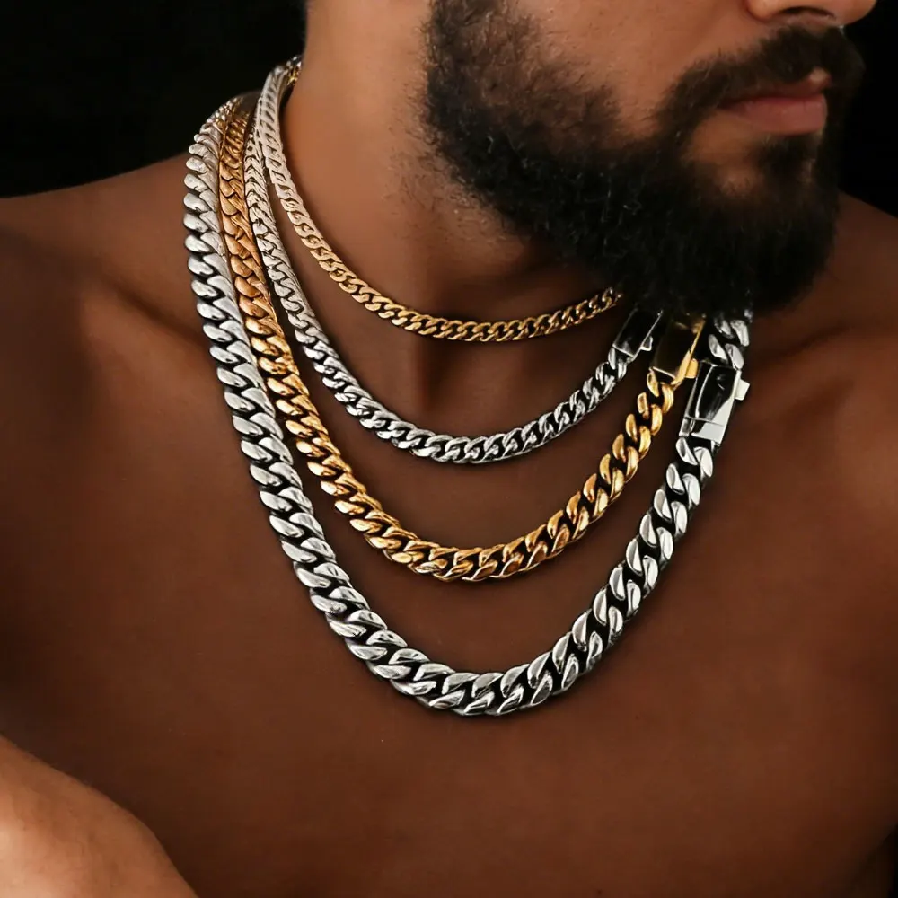 

HHIOK Custom Logo Miami Cuban Link Chain Stainless Steel Hip Hop Jewelry Men's Necklace Drop Shipping