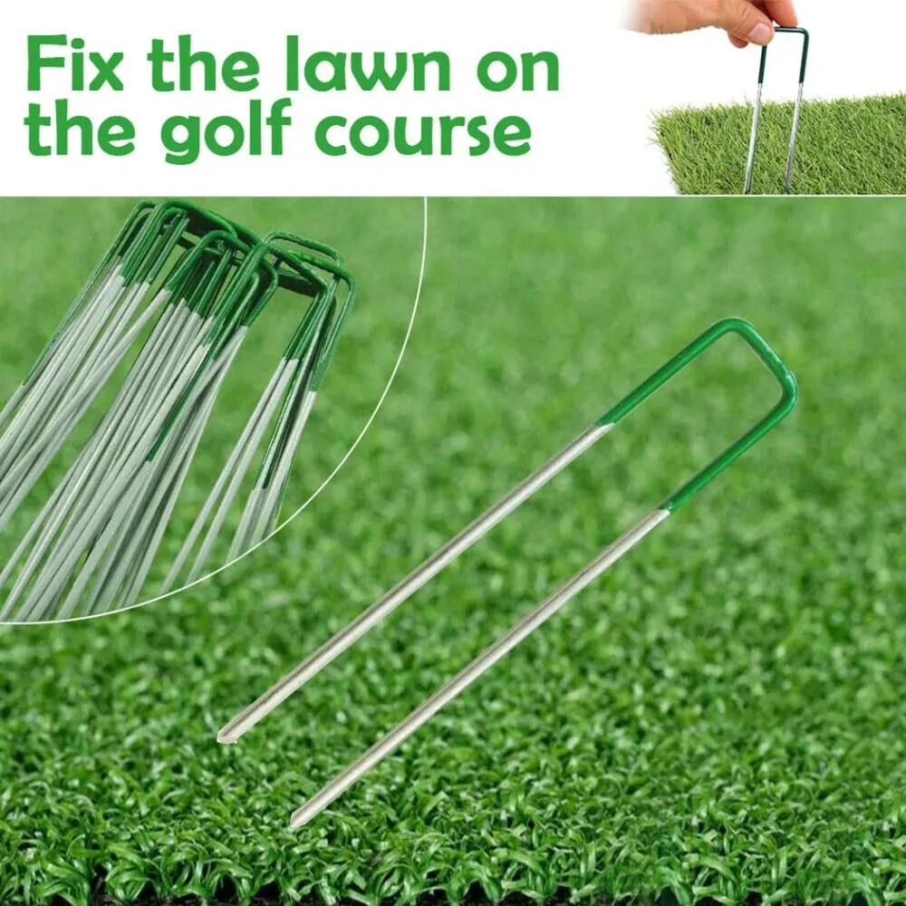 12PCS Garden Stakes U-shaped Ground Nails Green Galvanised Lawn Fixing Nails Outdoor Landscaping Lawn Turf Pegs Staples