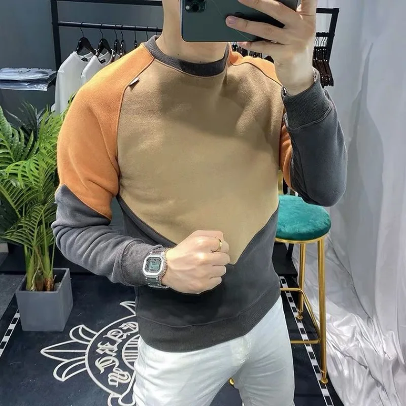 Male Sweatshirt Splicing Crewneck Contrasting Colors Round Neck Men's Pullover Luxury Autumn Designer Cotton Streetwear Cheap