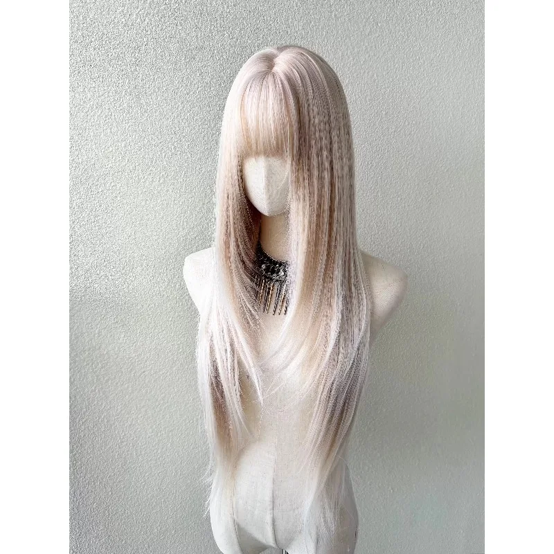 86cm Long Straight Synthetic Wig Light Blonde Color with Bangs High Temperature Fiber Layered Hair Wig for Cosplay Daily Party